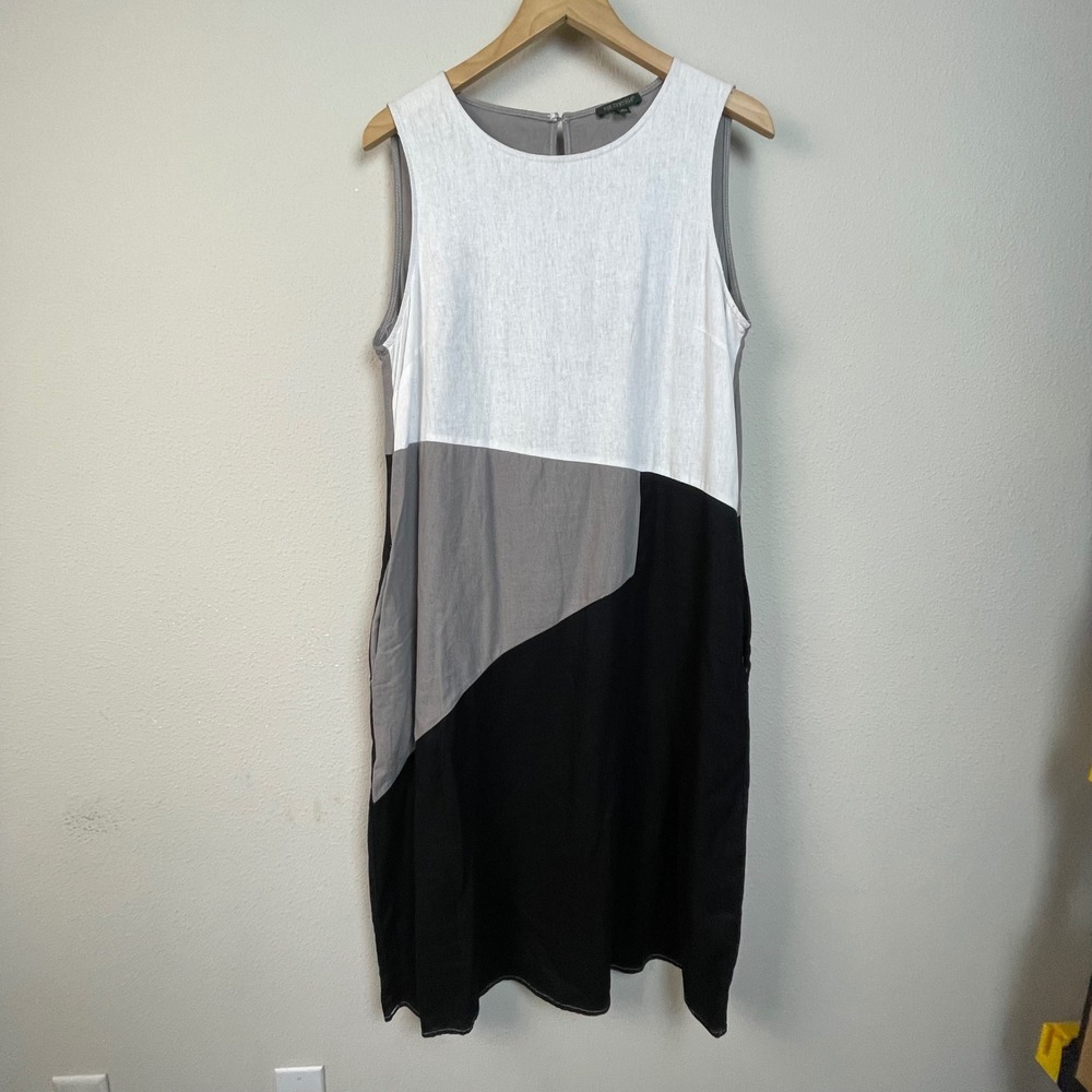 FOR CYNTHIA Colorblock Sleeveless Linen Viscose Dress Size L Lagenlook Coastal‎